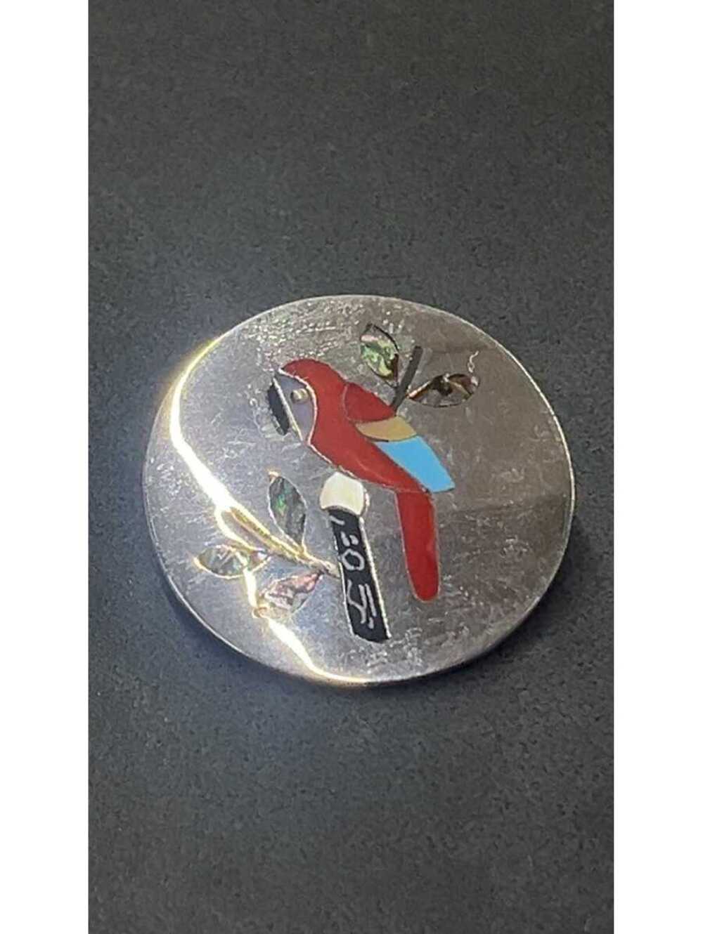 Zuni coral, turquoise parrot inlay sterling silver pendant/ pin -Edaakie